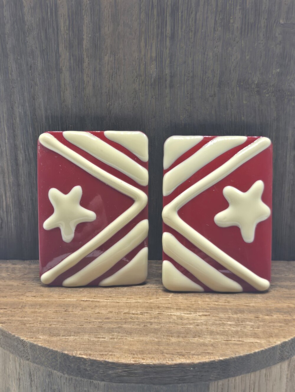 80's Enamel Cream Star Earrings Pierced Red Metal Rectangle Statement Fashion